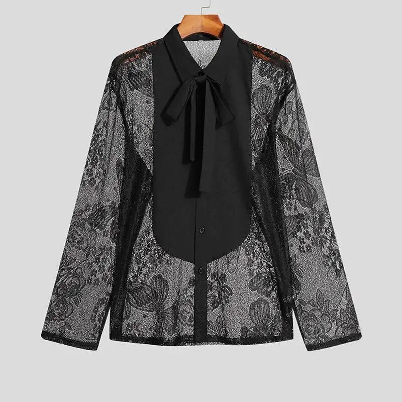 Tops American Style New Men Fashion Solid Ribbon Blouse Male Stitching Butterfly Lace Long Sleeve Thin Shirts S-5XL