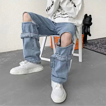 saferido Spring/Summer Fashion Removable Zipper Jeans High Street Retro Relaxed Straight Leg Pants One Pants Two Wear