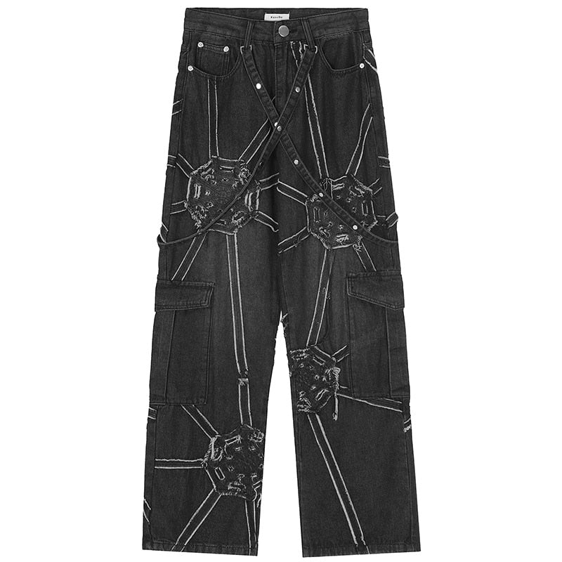 Harajuku retro tooling function black loose jeans men's 2K street clothing goth punk oversized straight pants women's wide legs