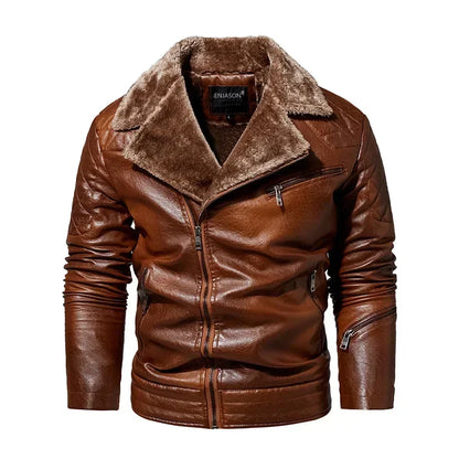 Fashion Warm Winter Men's Leather Jacket with Fur Collar Thicken Fleece Motorcycle Coat Casual Faux Leather Locomotive Jacket