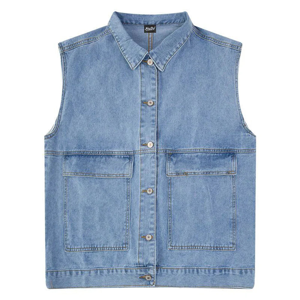 saferido High Street Street Korean Style Simple Denim Vest Jacket Men's Tide Brand Lapel Collar Distressed Denim Tooling Vest