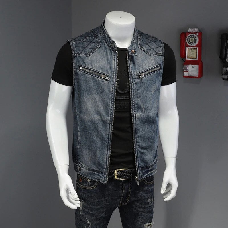 Mens Denim Vests Vintage Fashion Design Retor Sleeveless Jackets Men Streetwear Ripped Hole Punk Jean Waistcoats Clothing