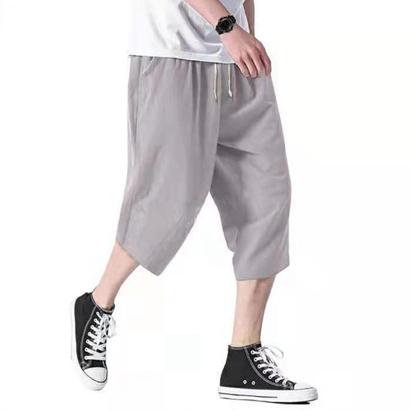 HOUZHOU Cotton Linens Pants for Men Oversize Harem Cropped Trousers Male Summer Casual Beach Japanese Streetwear Hip Hop