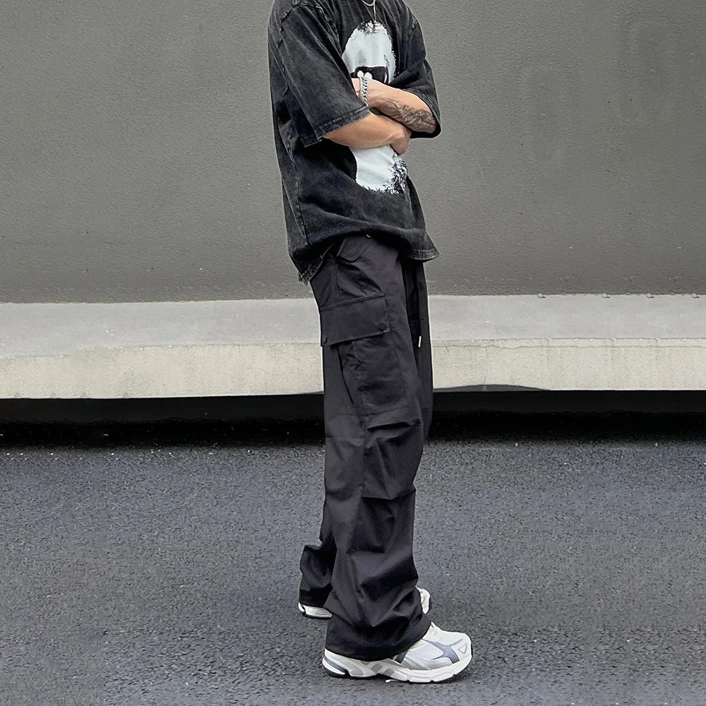 Quick Dry Cargo Pants Mens Loose with Belt Big Pocket Summer Thin Streetwear Y2k Pantalones Street Jogger Black Casual Trousers