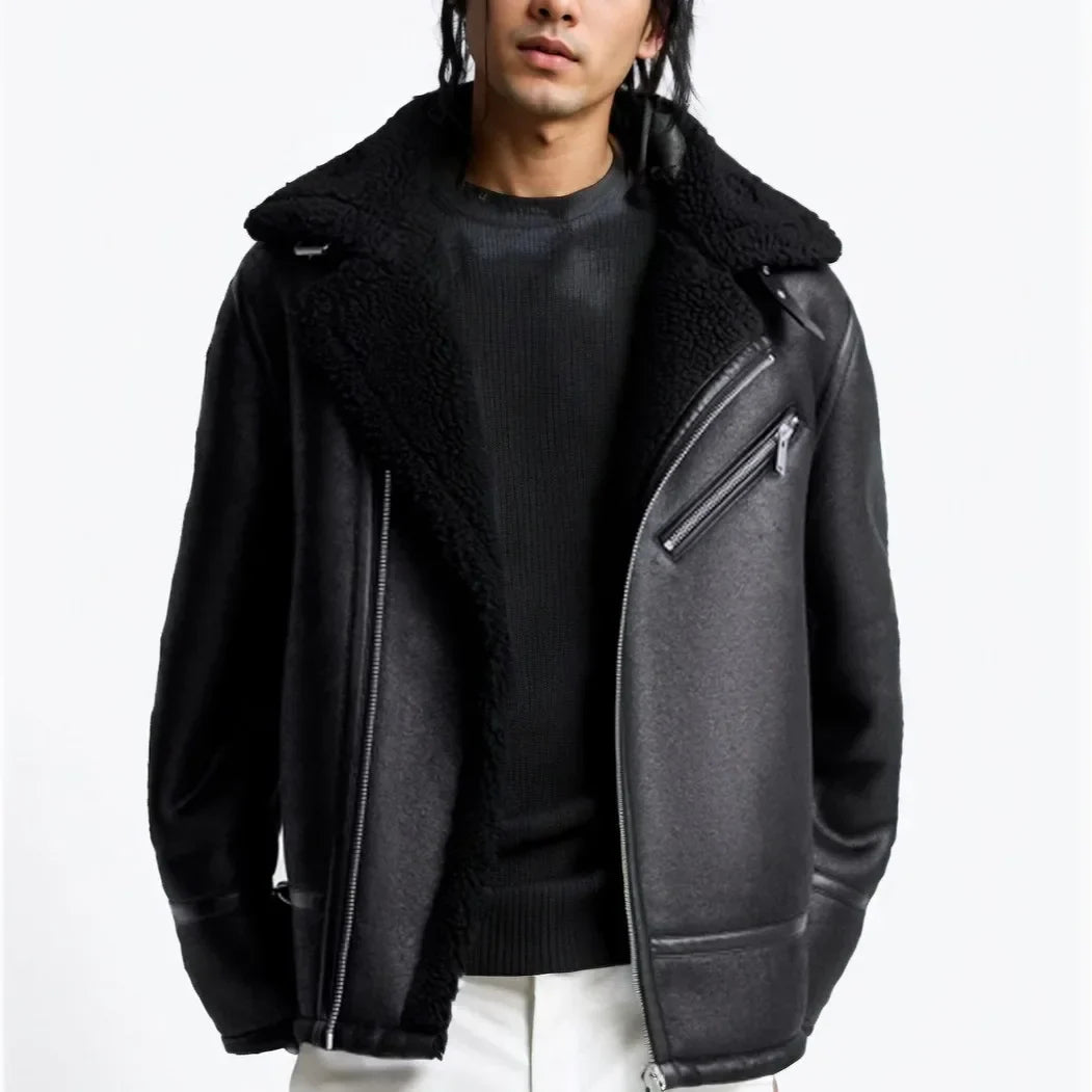 Original - Men's Retro Imitation Fur All-in-one Car Jacket Thick Coat Black Beige Zipper Coat