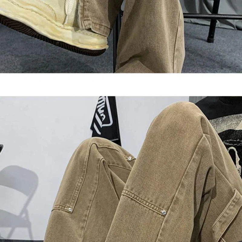 saferido American Style Spring Autumn Straight Pants Male High Street Y2K Rivet Zipper Split Casual Trousers Personality Streetwear