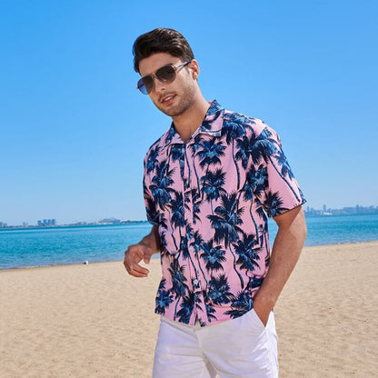 Summer Breathable Hawaiian Shirts Men Coconut Tree Printed Short Sleeve Button Down Vacation Chemise Homme Plus Size 3XL 4XL 5XL