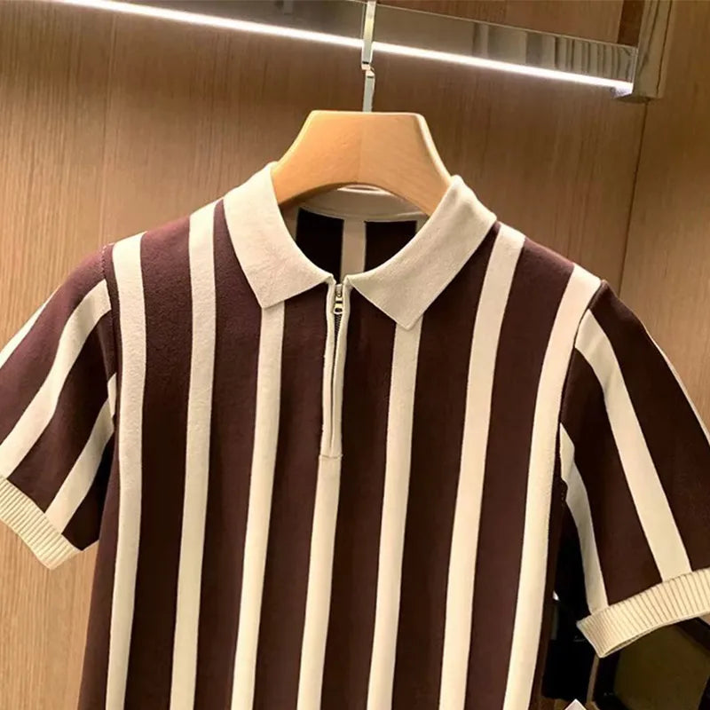 Striped Zipper Short Sleeve T-shirts For Men Casual Turndown Collar Shirts Male Summer Fashion Comfortable Soft Men's Clothing