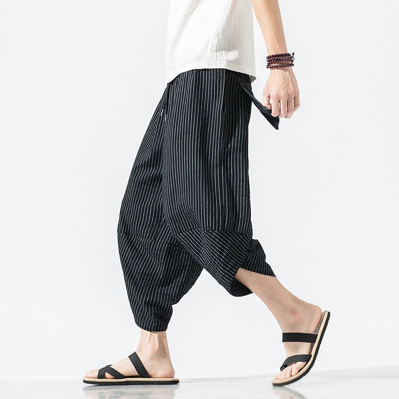 Summer Harajuku Calf Length Casual Men's Pants Wide Leg Cotton Linen Printing Harem Baggy Pants Fashion Men's Clothing