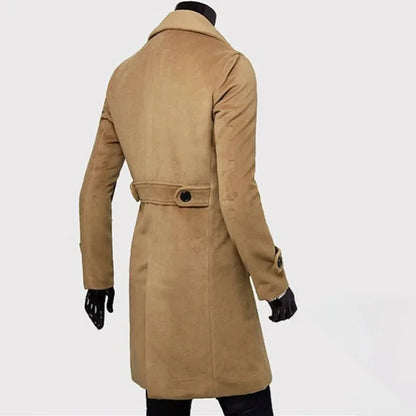 saferido Autumn Winter Men Long Trench Coat Double-breasted Solid Color Simple Mid-Length Windproof Thick British Fashion Slim Jacket