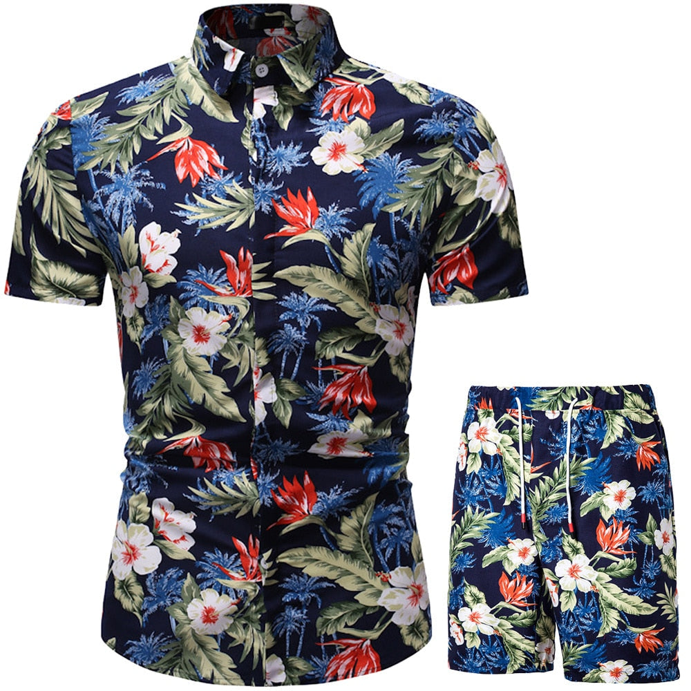 Men Clothing Set  Two Piece Set Summer Beach Wear Floral Print Casual Shirt and Shorts Set Hawaiian Shirt Holiday Clothes