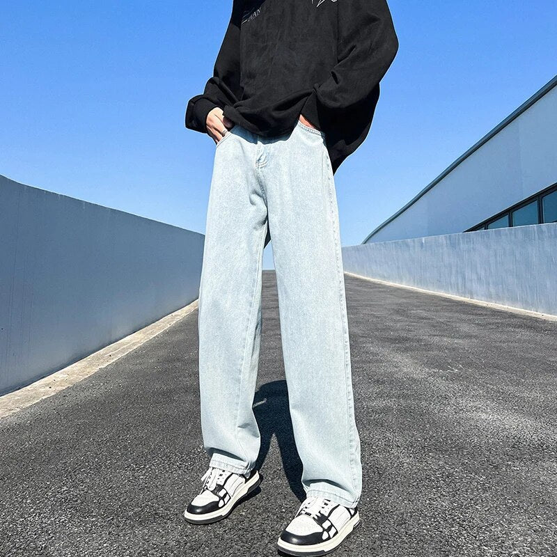 New Men's Denim Wide-leg Pants Korean Style Straight Loose Jeans Street Hip-hop Daily Casual Student Trousers Black Gray Blue