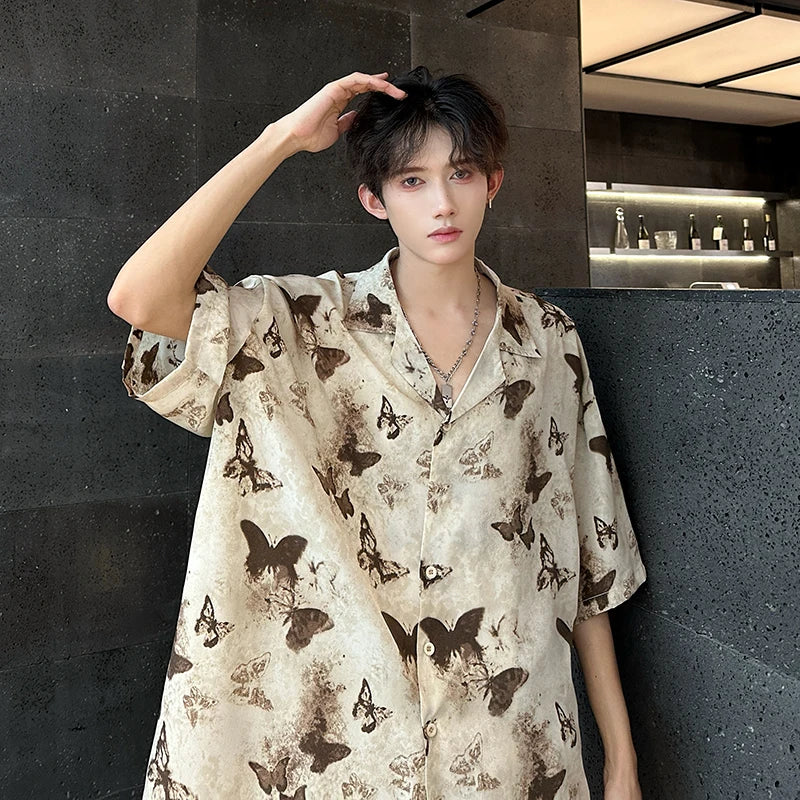 saferido Summer Butterfly Printed Tie-dye Shirt Men Windsor Collar Loose Casual Short Sleeve Shirts Oversize Streetwear Boy Girl Blouses