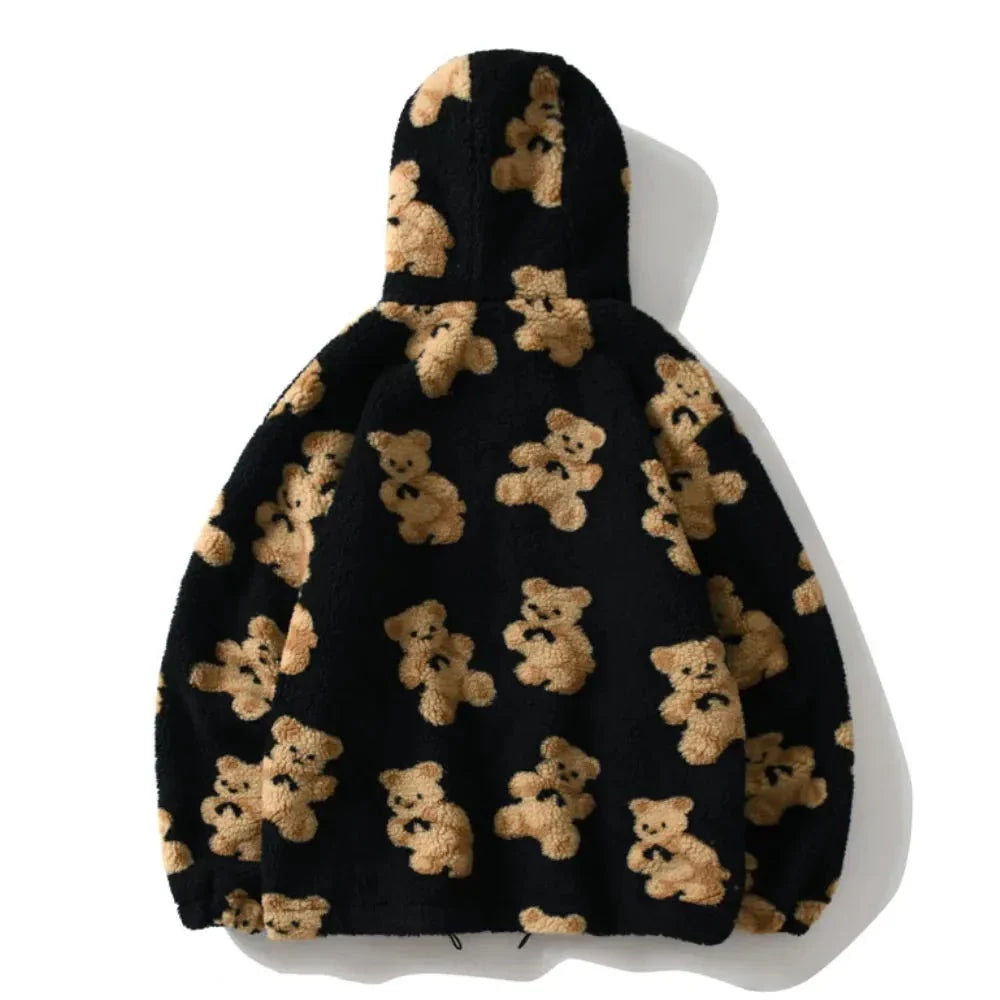 Fleece Hooded Jackets Streetwear Casual Harajuku Hip Hop Men Women Fashion Bear Print Full Zip Hooded Coat Tops Outwear