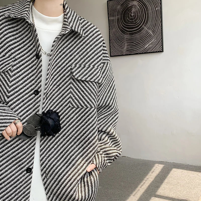 saferido Winter Short Woolen Coat Men Warm Fashion Retro Thickened Woolen Jacket Men Korean Loose Stripe Woolen Coat Mens Thick Jackets