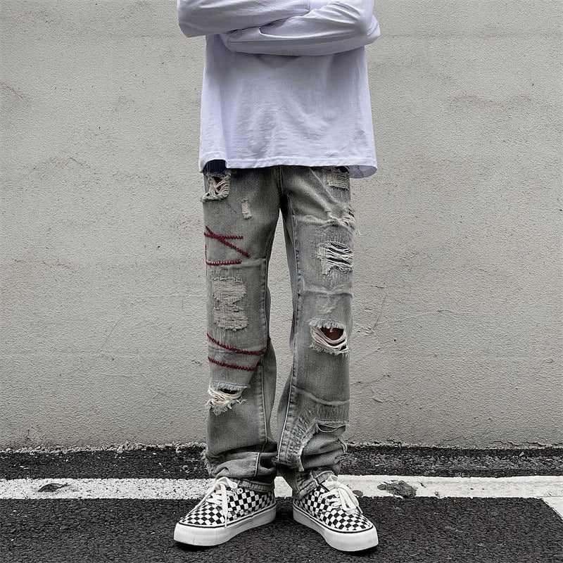 saferido Ripped Jeans Men's Hip-hop Street Old Loose Stitching Straight Beggar Pants Retro Casual Trend Spring And Summer Denim Trousers