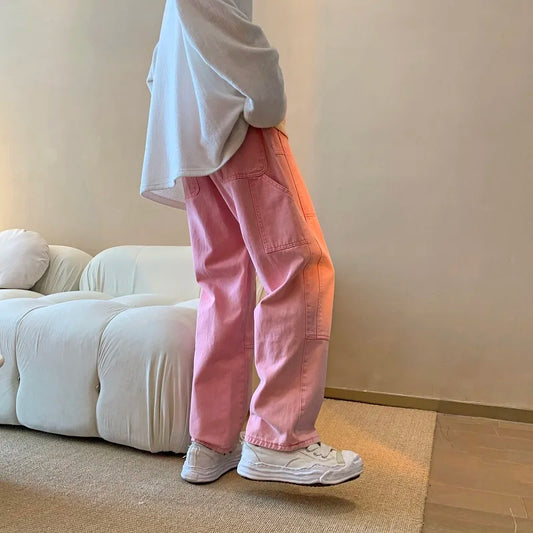 Cargo Pink Jeans Men Fashion Harajuku Casual Baggy Straight Jeans Men Streetwear Loose Hip Hop Denim Pants Mens Trousers S-3XL