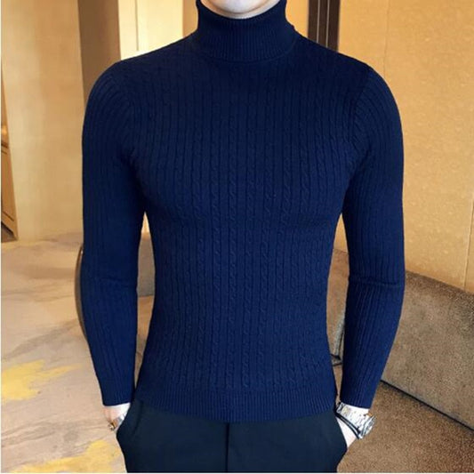 Korean Slim Solid Color Turtleneck Sweater Mens Winter Long Sleeve Warm Knit Sweater Classic Solid Casual Bottoming Shirt