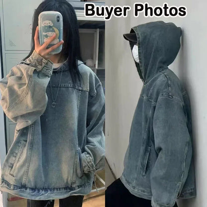 Japanese Denim Hooded Jacket Men Women Loose Casual Vintage Sweatshirt Coat High Street Washed Denim Pullover Varsity  Autumn