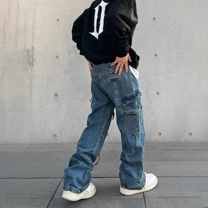 Cargo Jeans Men Big Pocket Loose Autumn Vaqueros Pantalones Hombre Streetwear Casual Blue Trousers Y2k Baggy Winter Denim Pants