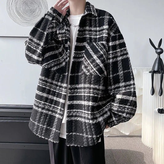 saferido Autumn Plaid Woolen Coat Men Fashion Retro Casual Oversized Woolen Jacket Men Korean Loose Woolen Shirt Mens Overcoat M-2XL