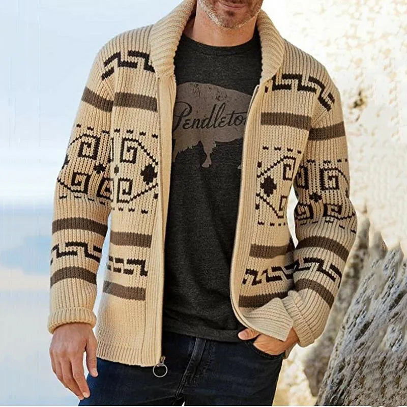 Winter Sweatercoat Men Kintted Sweaters Jacket Autumn Casual Vintage Shawl Collar Zipper Cardigan Jacquard Thick Knitwear Jersey