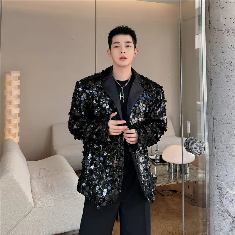 saferido Men's Sequins Blazer Glitters Bling Suit Jacket Singer Stage Shiny Clothing Black Silver Oversize Party Suit Coat Man