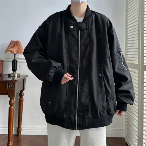 New American Simple Solid Color Zipper Bomber Jacket Men Autumn Retro Street Loose Motorcycle Jacket Baseball Uniform Coat