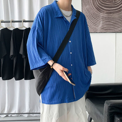 Ice Silk Men's Pleated Casual Shirts Loose Short Sleeve Blouses Korean Style Half Sleeve Summer Tops Cardigan