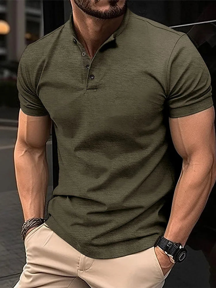 Solid Stand Collar Short Sleeve Men's Shirts Fashion Handsome Business Shirt Men Clothing Summer Casual Button Fit Gym Male