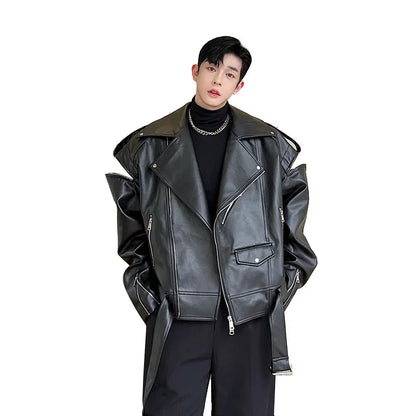 saferido Autumn Winter Wide Shoulder Zipper Leather Jacket Luxury Men Streetwear Loose Vintage Punk Motorcycle Jacket Korean Fashion Coat