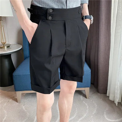 saferido  Korean Fashion Shorts Men Streetwear Pleated Shorts Knee Length Work Bottoms Summer Streetwear Cool Bermudas Male Slim Fit