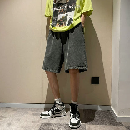 Korean Style Summer Men's Black Wide Leg Denim Shorts New Fashion Casual Baggy Short Jeans Male Brand Clothes