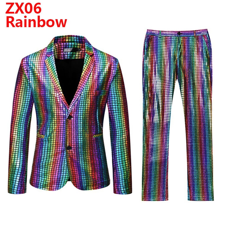 Mens Stage Prom Suits Gold Silver Rainbow Plaid Sequin Jacket Pants Men Dance Festival Christmas Halloween Party Costume Homme