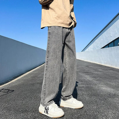 New Men's Denim Wide-leg Pants Korean Style Straight Loose Jeans Street Hip-hop Daily Casual Student Trousers Black Gray Blue