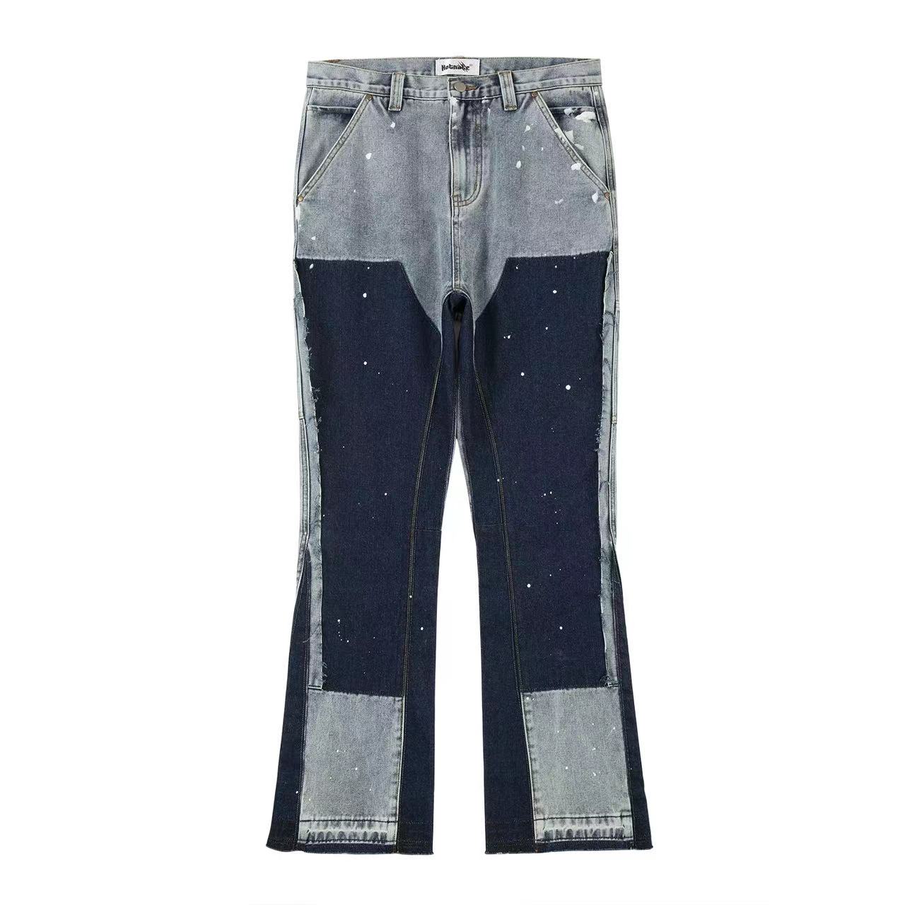 Graffiti Black Flared Denim Pants with Patches Hip Hop Splashed Ink Wide Leg Jeans Trousers Slim Fit Washed Jeans for Men