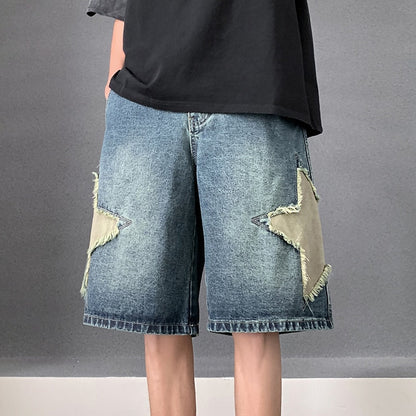 Blue Star Embroidery Straight Casual Men Shorts Summer New Wide Leg Loose Hip-hop Fashion Youth Streetwear Denim Shorts