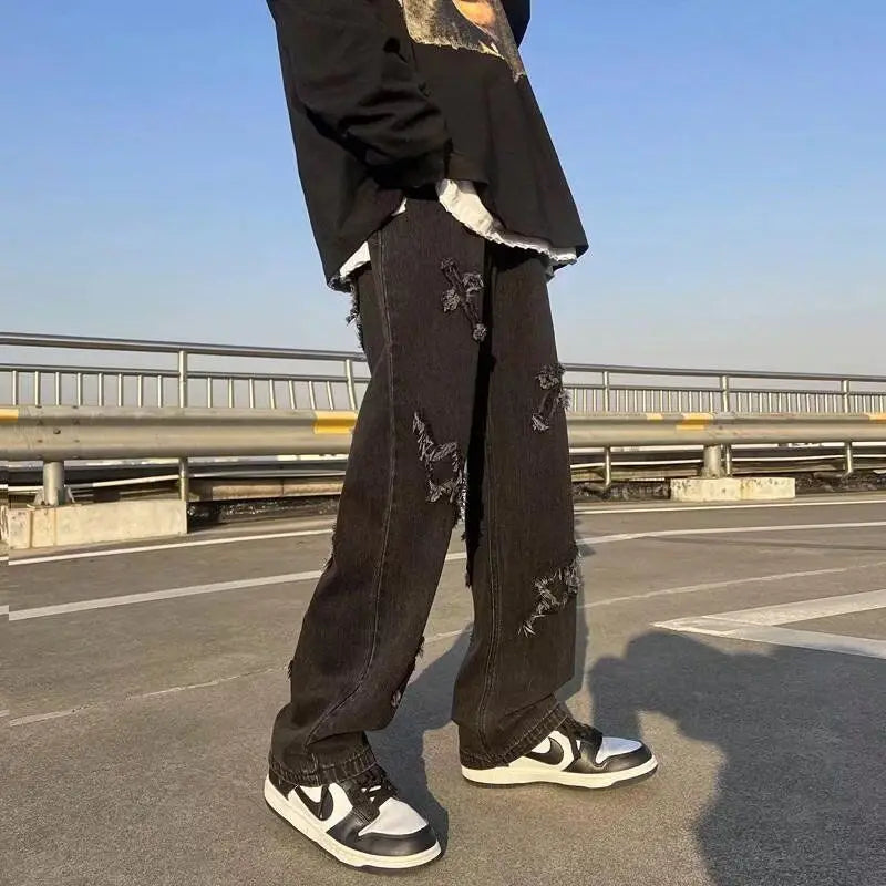 saferido High Street American-Style Patch Jeans Men'S Fashion Hip-Hop Trousers With Raw Hem Design Feel Zipper Trousers Men'S Youth