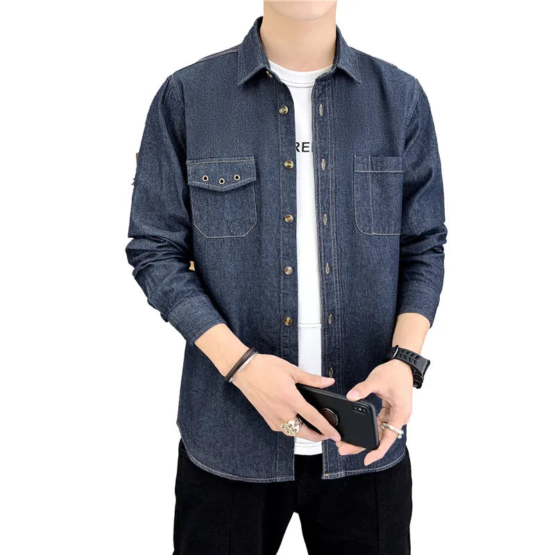 saferido Denim Shirt for Men Jeans Cotton Long Sleeve Blue Blazer Button Up Y2K Casual Spring Summer Cardigan Loose Fashion  Black Coat