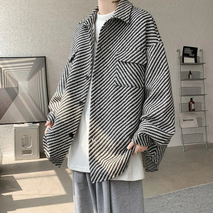 saferido Winter Short Woolen Coat Men Warm Fashion Retro Thickened Woolen Jacket Men Korean Loose Stripe Woolen Coat Mens Thick Jackets