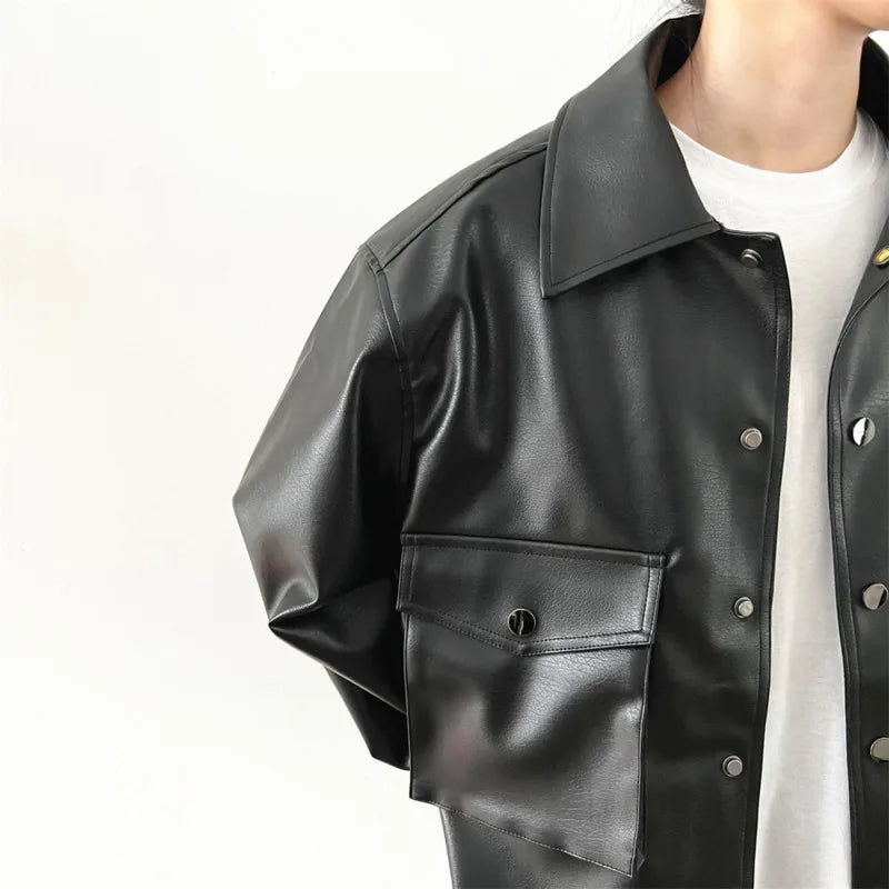 saferido Black Short Leather Jacket Men Oversized Pocket Motorcycle Jackets Mens Streetwear Hip-hop Loose Bomber Jacket Men Korean Coat