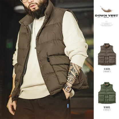 saferido Men's 90% White Duck Down Waistcoat Casual Light Warm Stand-up Collar Vest Autumn Amekaji Oversize Thick Vest Jacket