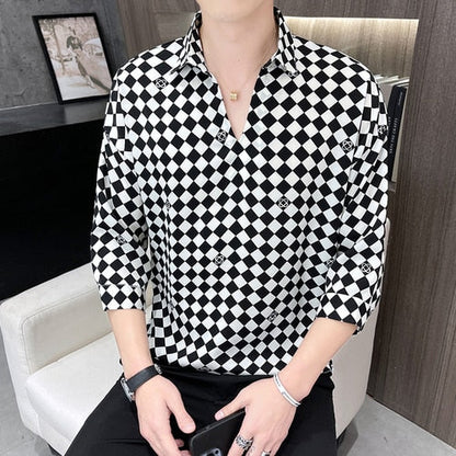 ngland Style Fashion Print Shirt Men Summer Men Three Quarter Sleeve Luxury Shirt Casual Loose Shirts