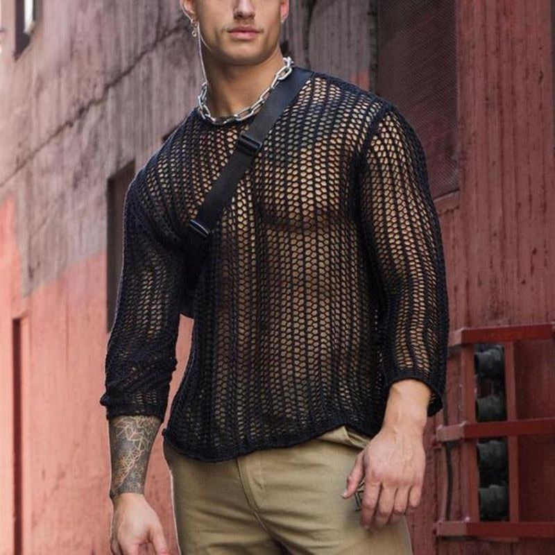 Mesh Top Men Transparent Sexy See Through Men Long Sleeve Tee Streetwear Men's Clothing Fishnet Muscle Undershirts