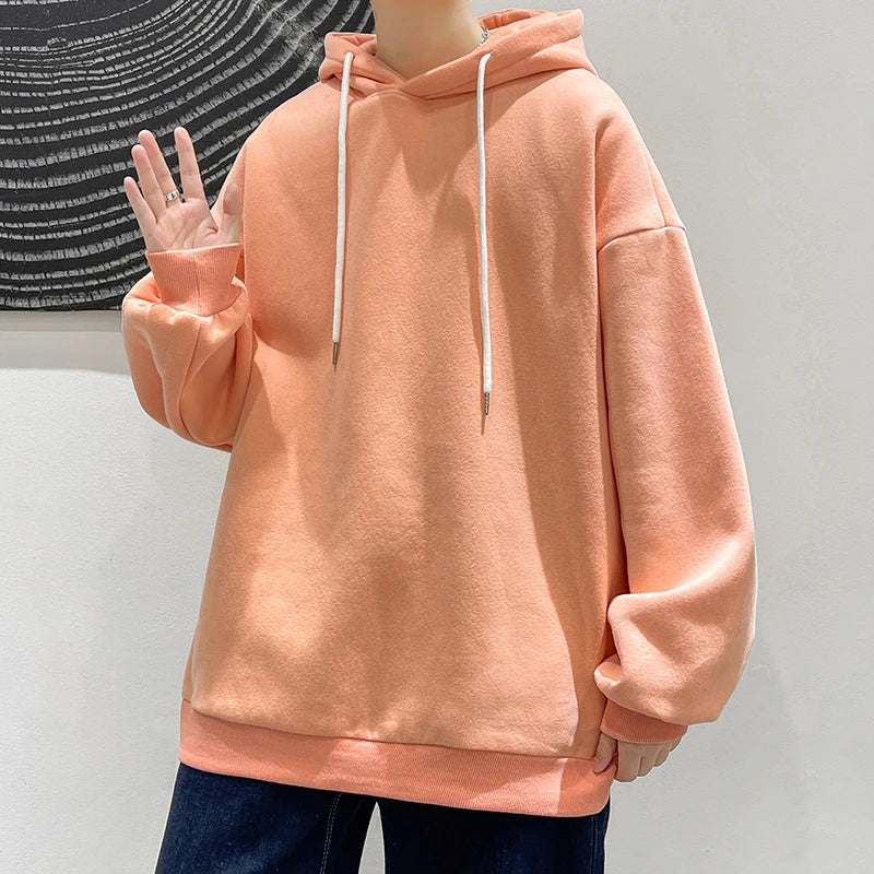 saferido Men's Multicolour Patternless Hooded Sweatshirt Korean Loose Large Size 5XL Casual  Long Sleeve Top Simple Unisex Style T-Shirt