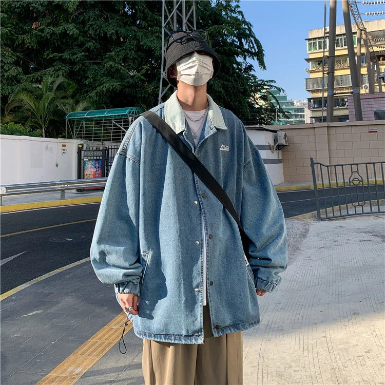 saferido Ins Hong Kong Style Harajuku loose denim jacket men's autumn Korean fashion fried Street jacket casual versatile denim mens