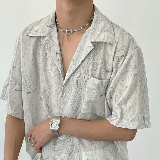 Vintage Wavy Print Short Sleeve Oversized Button Up Shirts for Men Summer Loose Casual Beach Shirt Hawaiian Top Quality