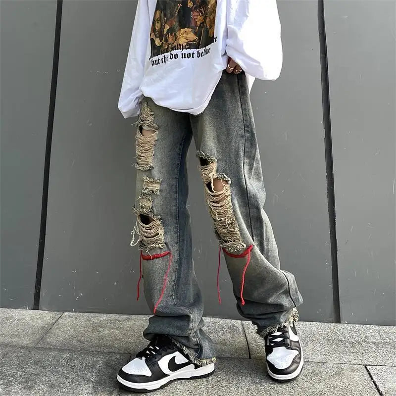 saferido Ripped Jeans Pants for Men Punk Denim Trousers Male Straight Leg Jeans Hip Hop Harajuku Korean Streetwear Hippie Hole