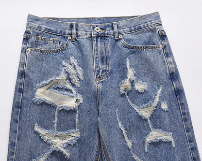 Y2K Distressed Cut Hole Washed Blue Jeans for Men Straight Baggy Casual Denim Trousers Oversized Streetwear Loose Cargo Pants