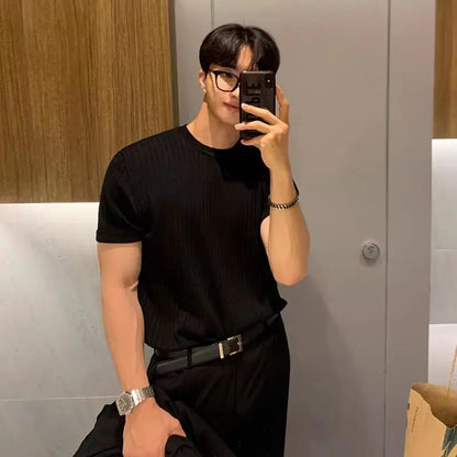 Spring Men's Clothing T Shirt for Men Short Sleeve Knitted Stretch Korean Style Solid Color Retro Summer Slim Fit Men's Top